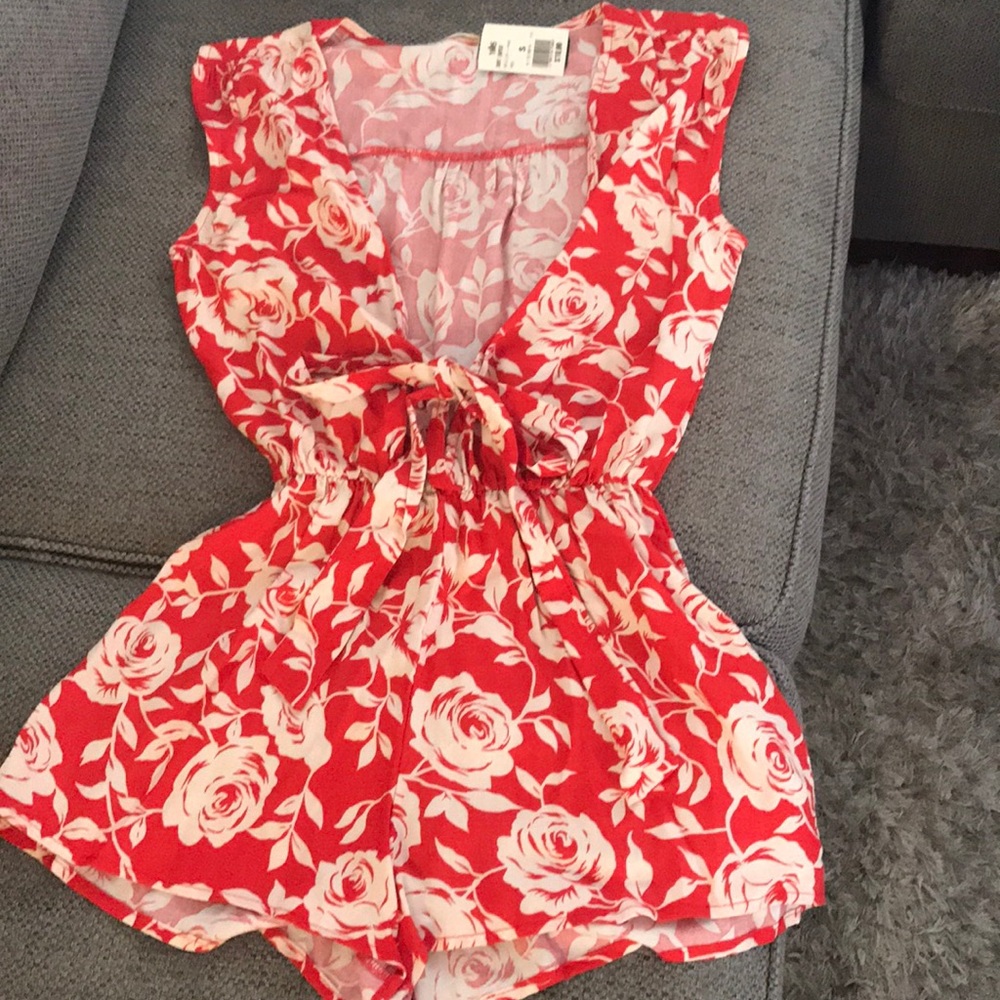 Red and cream flower romper